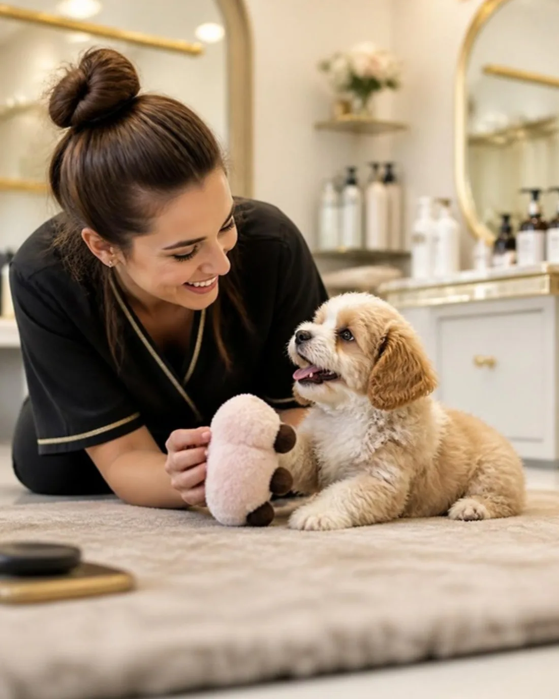 Groomer playing with a puppy on a soft rug