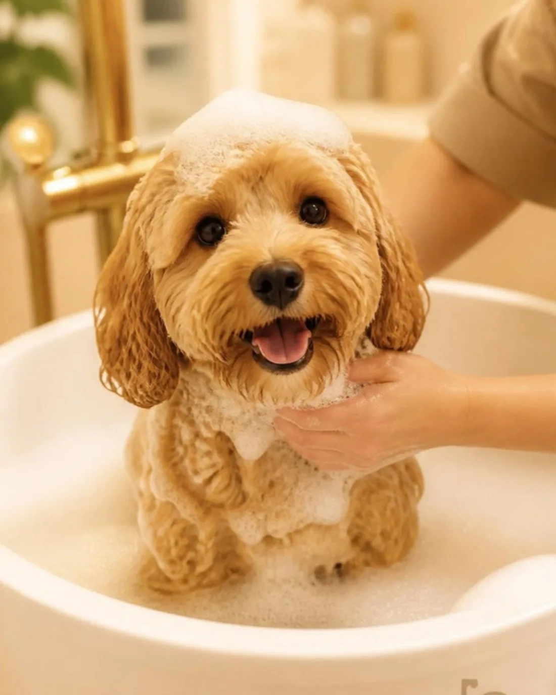 Relaxed puppy enjoying a warm bath